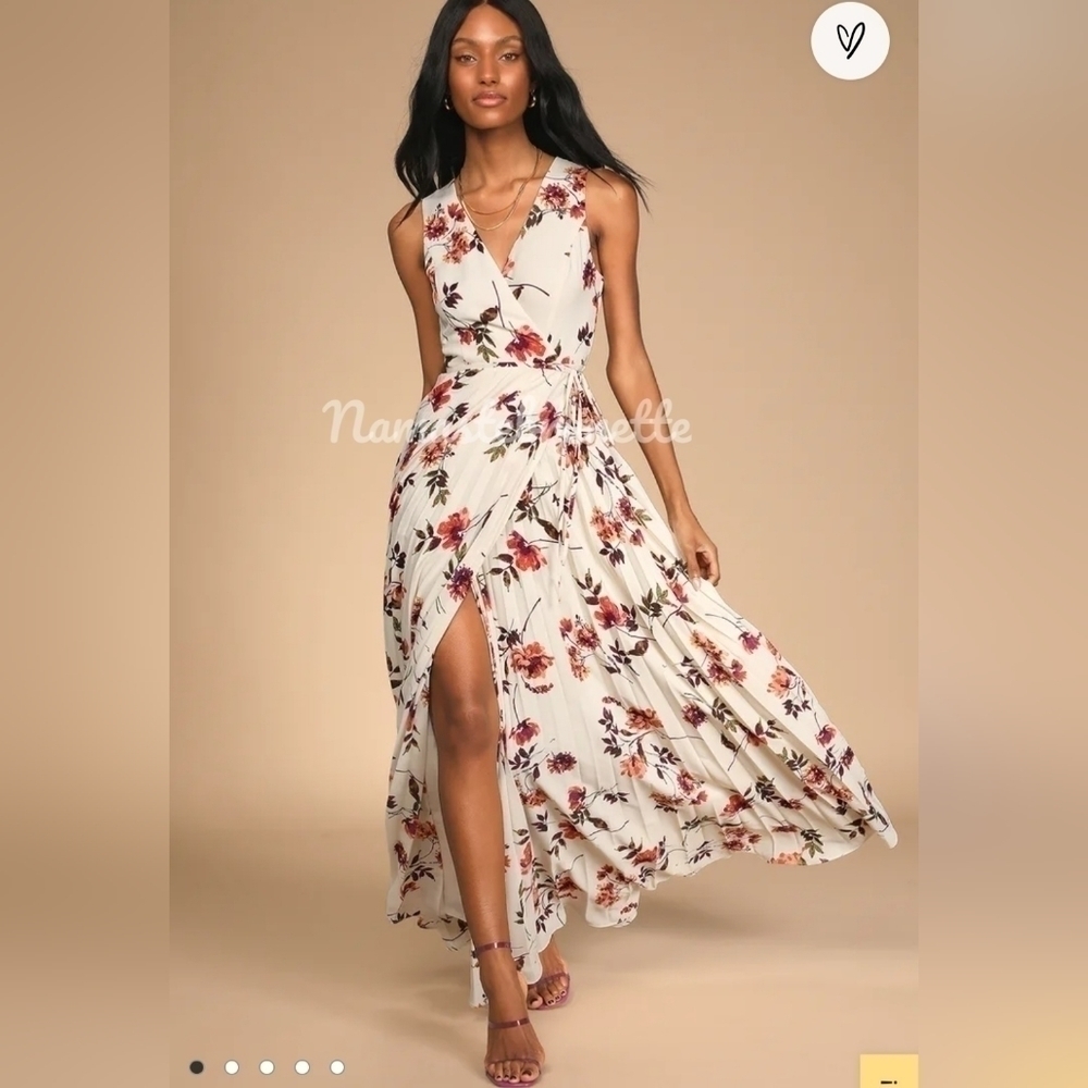 Nwt Lulu's Small Boho Ivory Multi Floral Print Pleated Wrap Maxi Dress